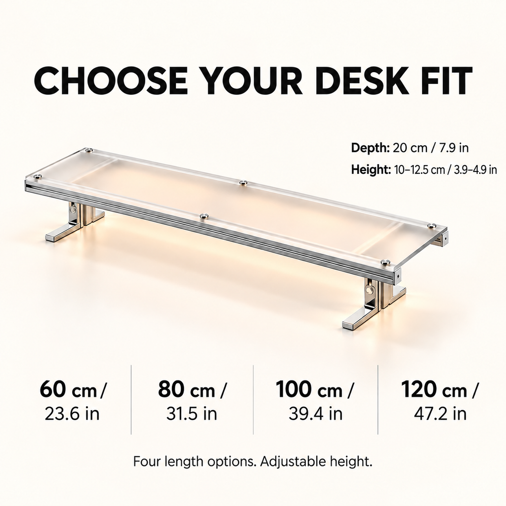 CABTE modular monitor riser — size view; desk devices not included