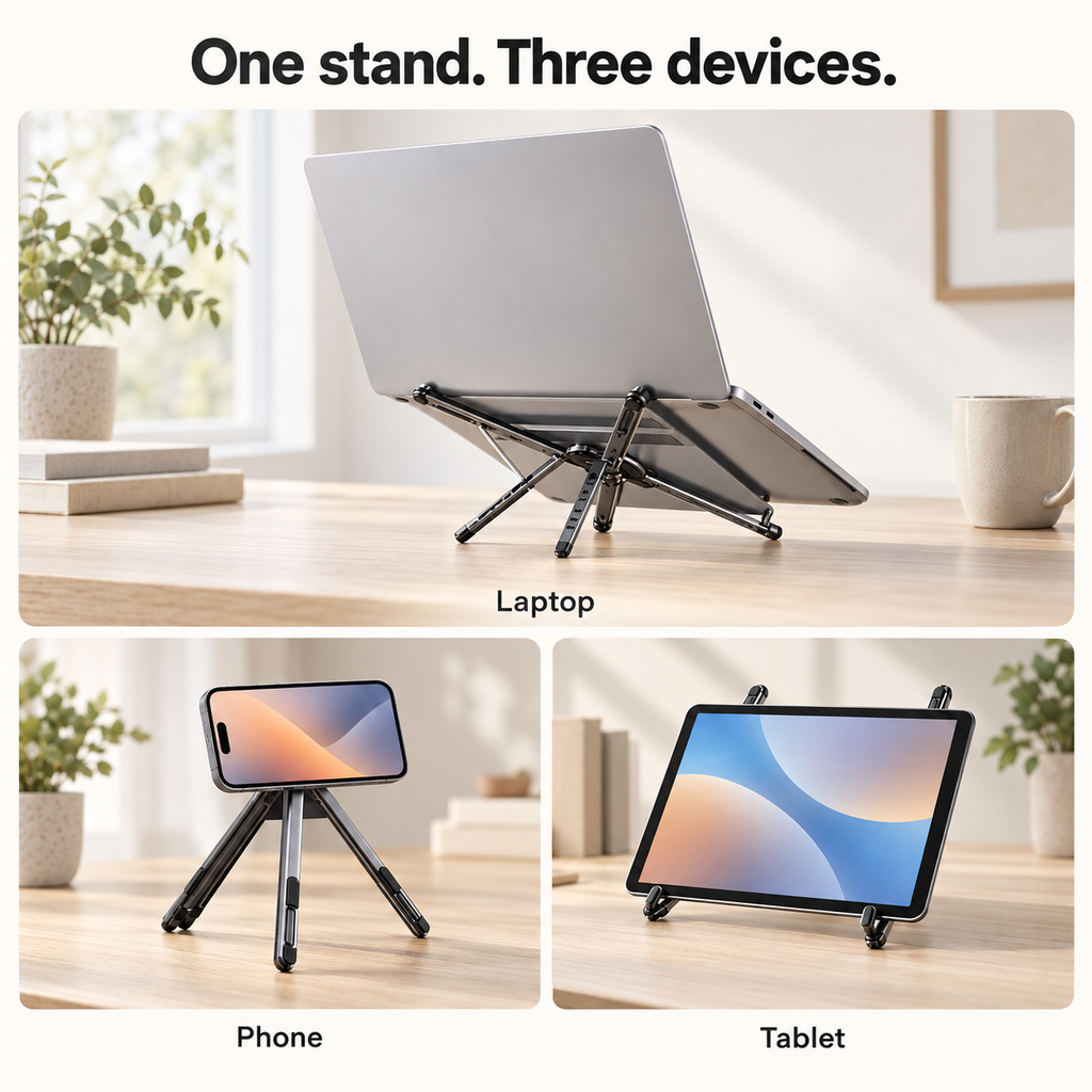 MagFold AF102 supporting a laptop, magnetic phone and tablet in three desk setups