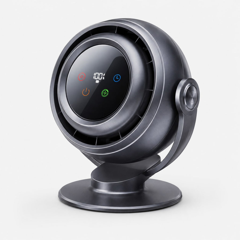 Adjustable graphite desk fan with circular oscillating base