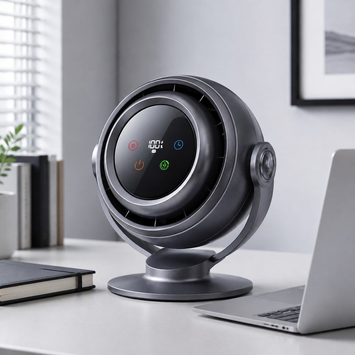 Compact desk air circulator in a modern home office
