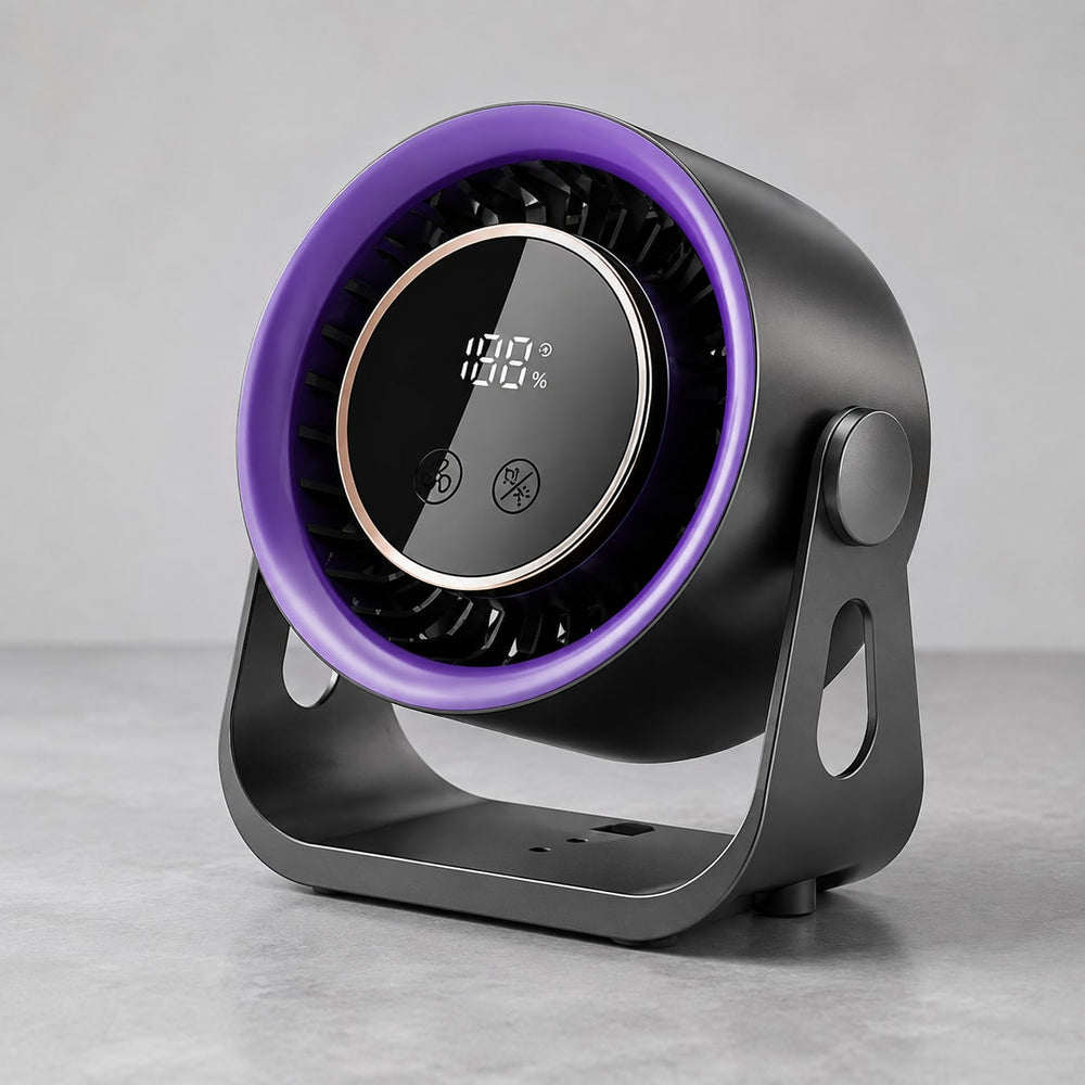 Graphite and purple rechargeable desk circulator fan