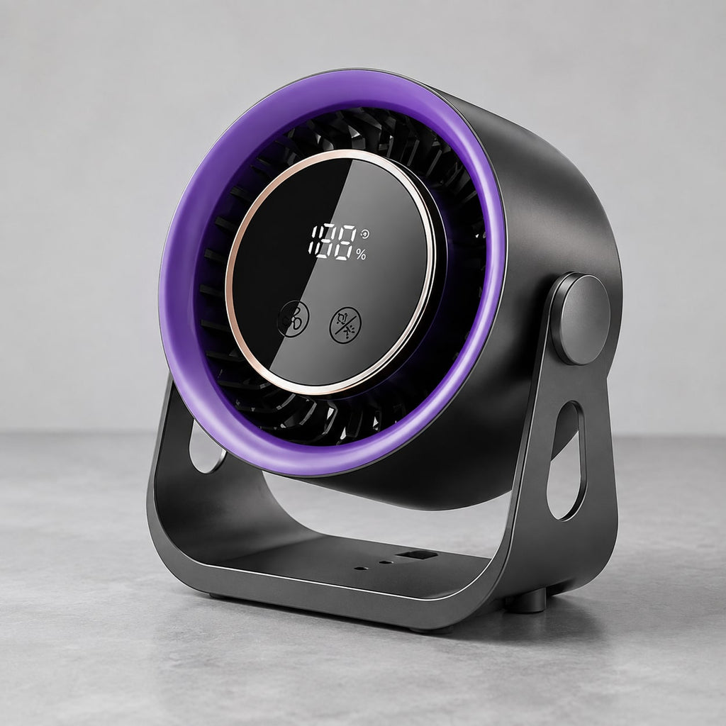 Graphite and purple rechargeable desk circulator fan