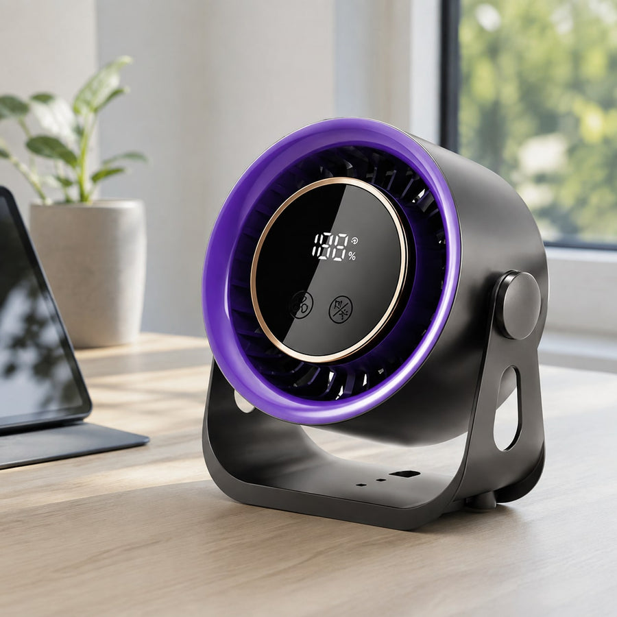 Rechargeable desk fan on a bright modern workspace