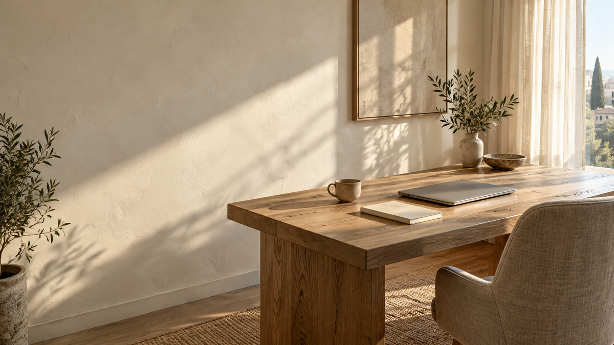 AI space inspiration: sunlit oak workspace with cream plaster walls