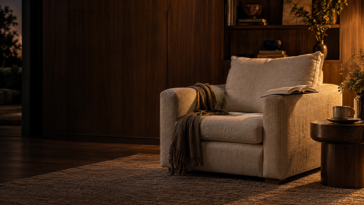 AI space inspiration: evening reading corner with walnut and linen