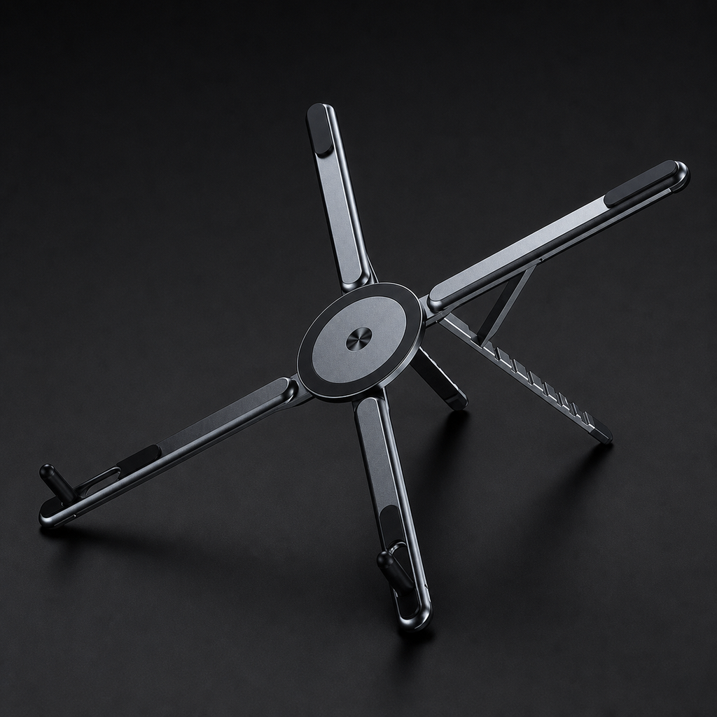 Graphite black MagFold device stand open on a charcoal studio backdrop