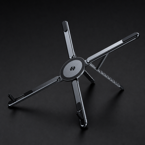 Graphite black MagFold device stand open on a charcoal studio backdrop