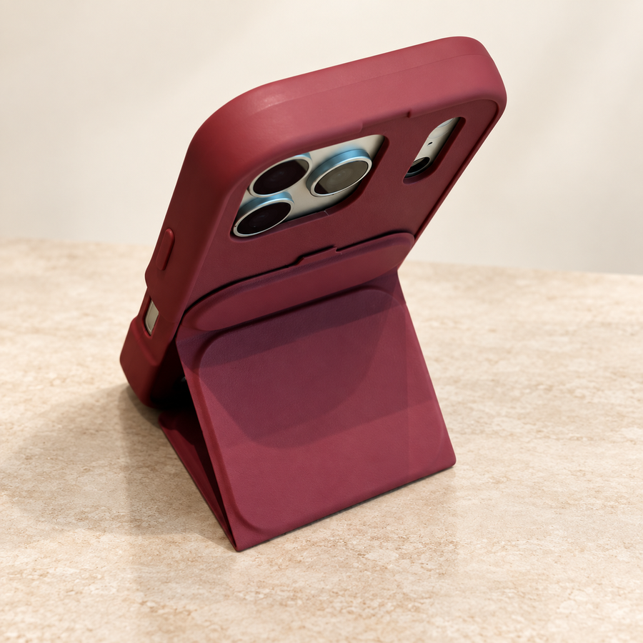 Burgundy folding case in portrait stand position