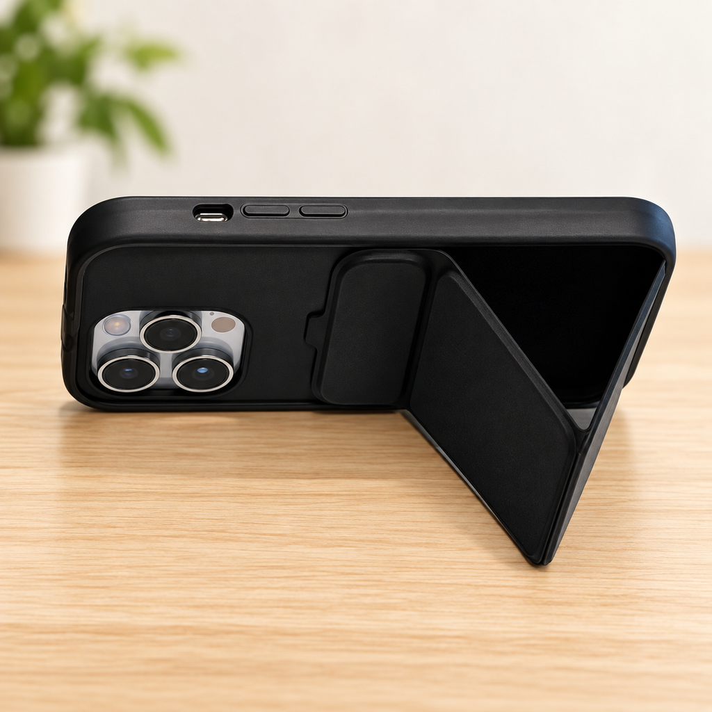 Black phone case in landscape stand position