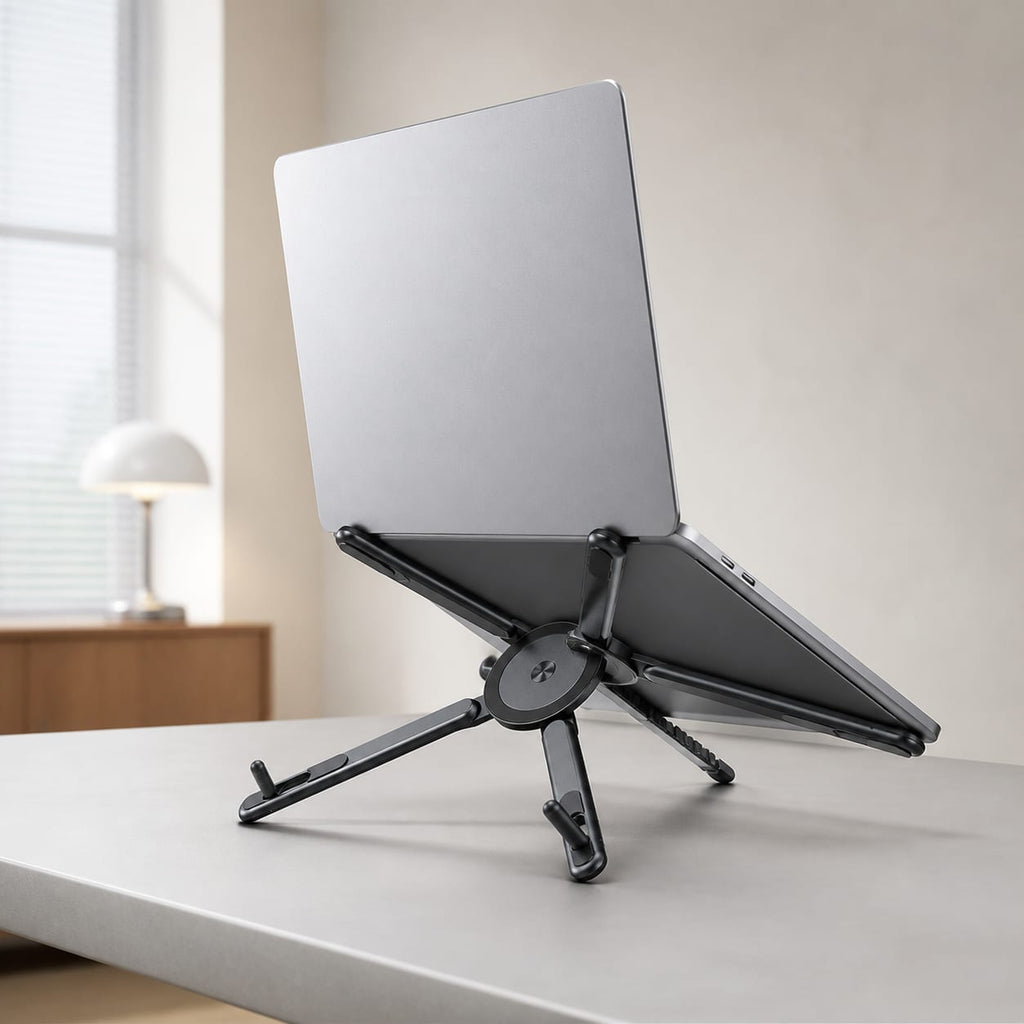 Graphite MagFold adjustable device stand supporting a laptop in a bright home office.