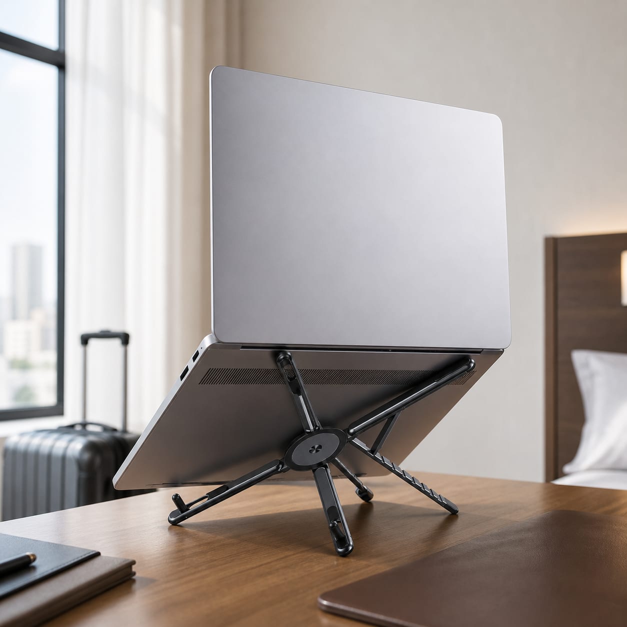 Graphite MagFold adjustable device stand supporting a laptop on a hotel desk for travel work.