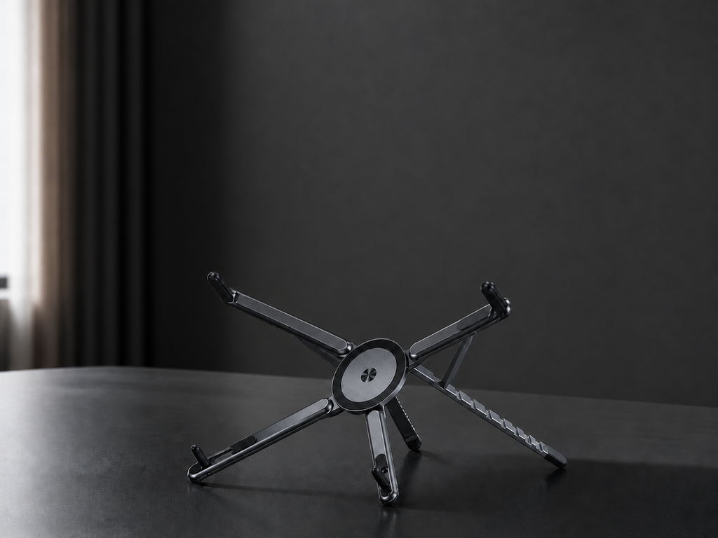 Graphite black MagFold stand open on a dark desk