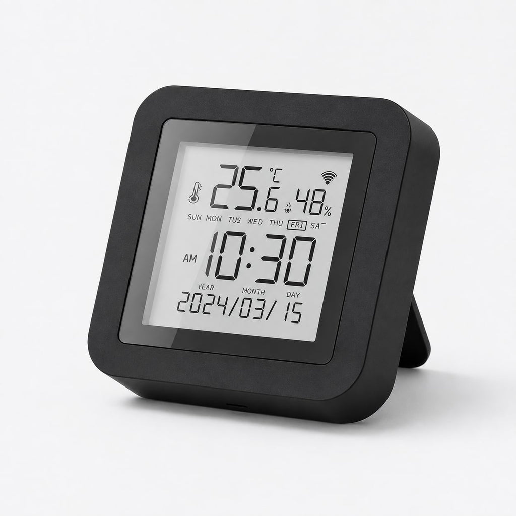 Compact smart-home monitor showing temperature humidity time and calendar