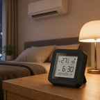 Smart climate monitor and IR controller on a bedroom table