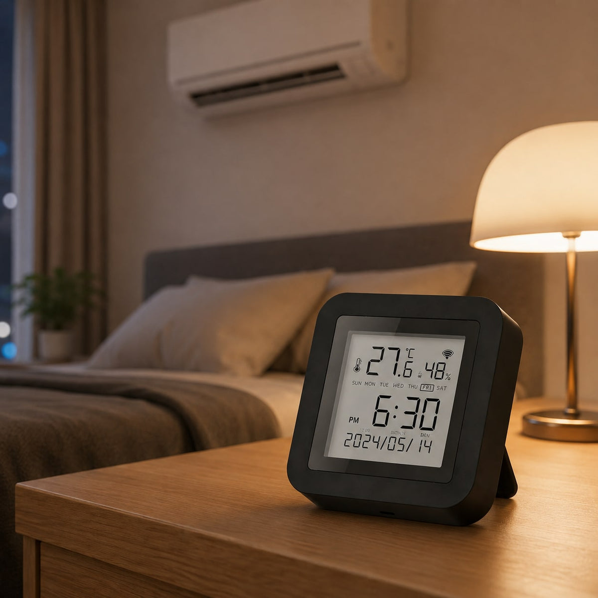Smart climate monitor and IR controller on a bedroom table