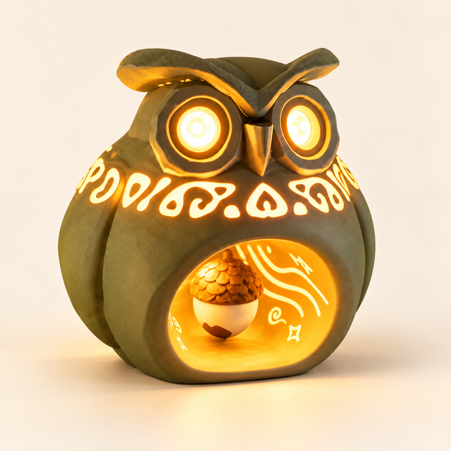Warm light Mianxiao owl sanctuary night light on an ivory background