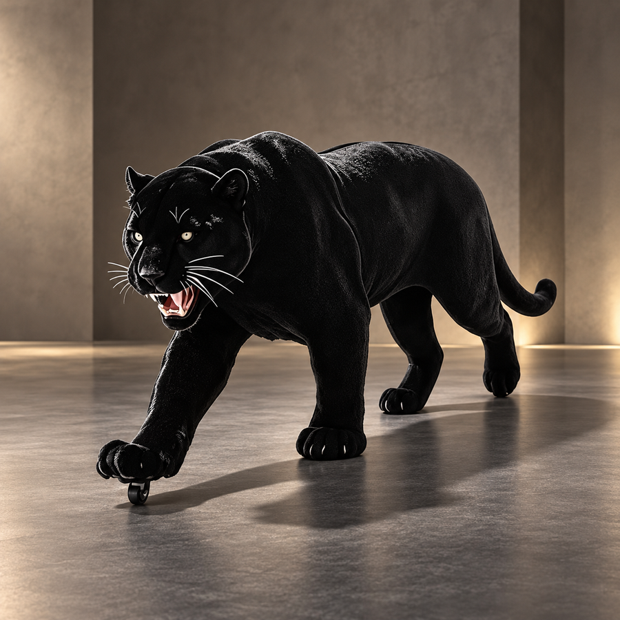 Custom black panther-shaped luggage — editorial view
