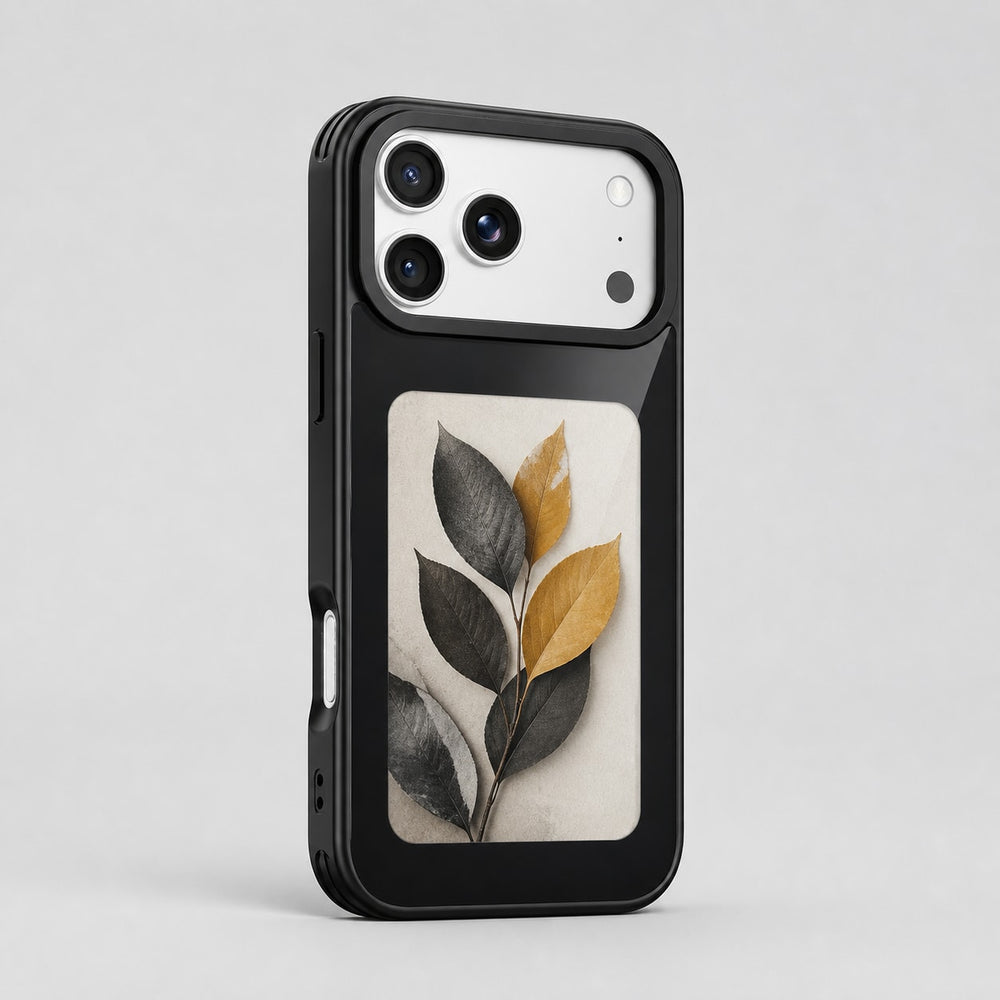 Black NFC e-paper photo display phone case, shown on a phone with illustrative botanical screen artwork.