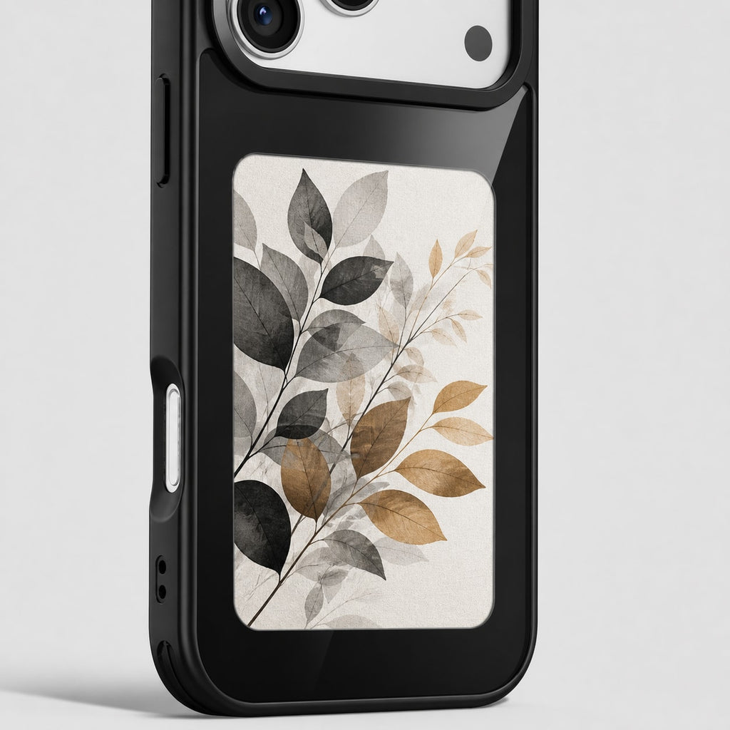Close-up of the black phone case's e-paper display area and rim, with illustrative botanical artwork.
