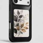 Close-up of the black phone case's e-paper display area and rim, with illustrative botanical artwork.