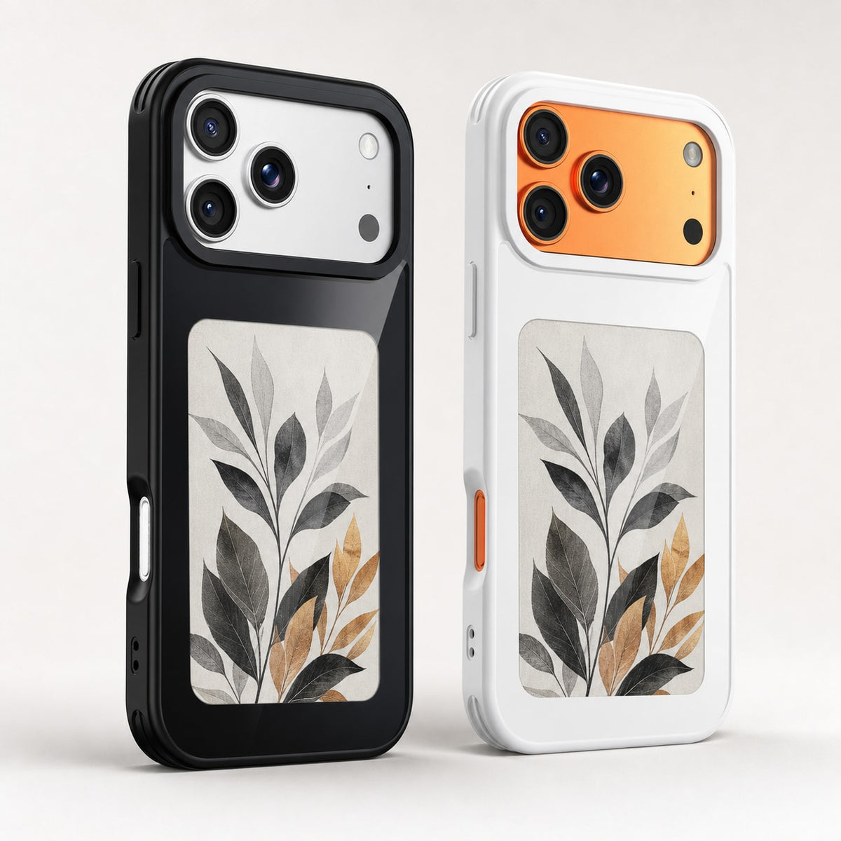 Black and white NFC photo display phone case options shown side by side; phones not included.