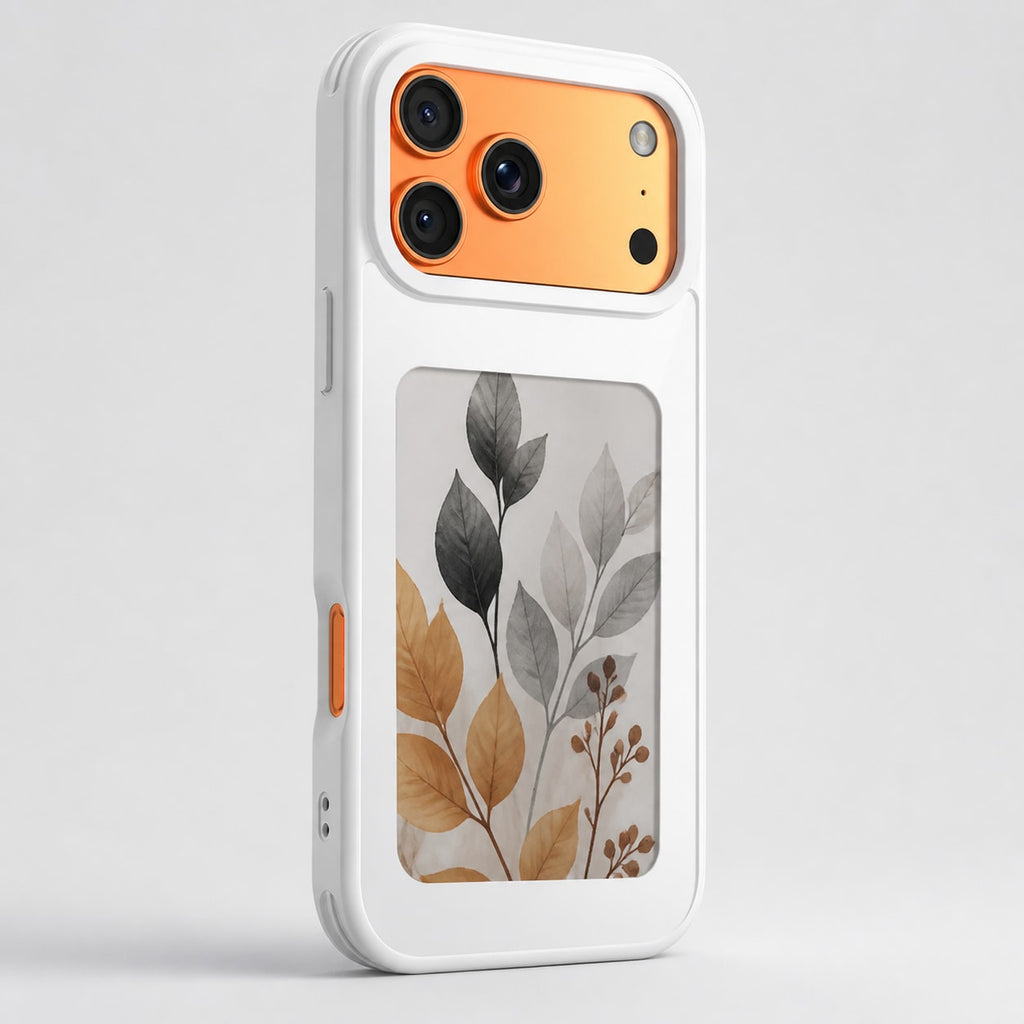 White NFC e-paper photo display phone case, shown on a phone with illustrative botanical screen artwork.